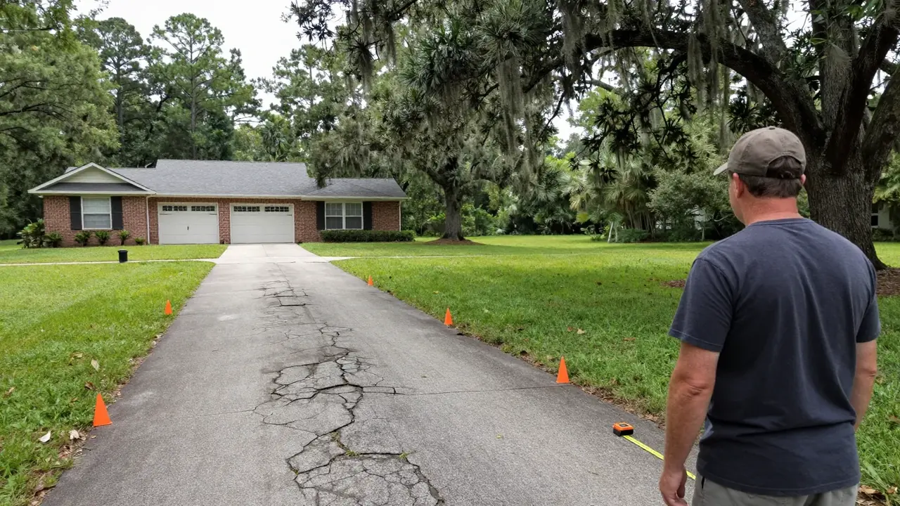 Measuring a worn asphalt driveway for a price in Baton Rouge, LA