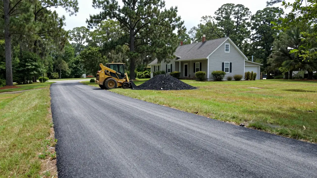 Recycled asphalt millings and a skid steer at a rural driveway near Baton Rouge, LA