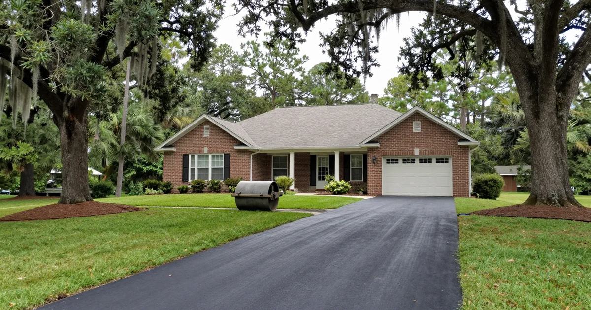 Finished asphalt driveway under a live oak in Baton Rouge, LA