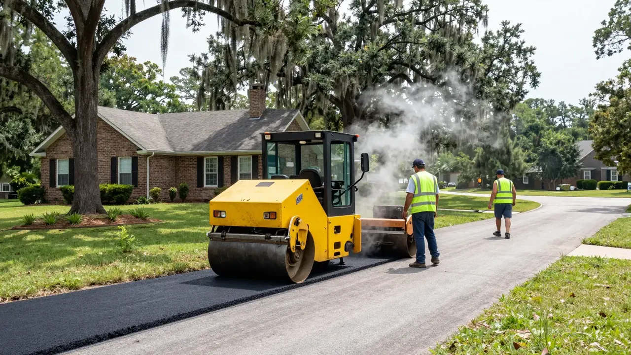 Asphalt paving crew rolling a new driveway at a brick home in Baton Rouge, LA
