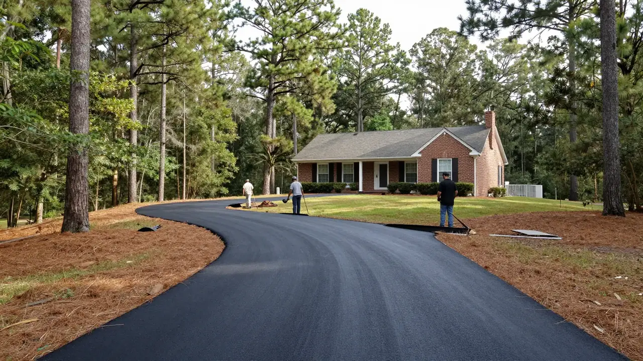 Crew finishing a new asphalt driveway through a wooded lot in Central, LA