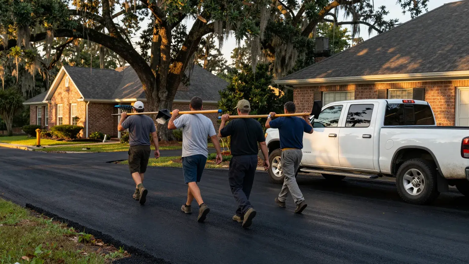 Paving crew carrying rakes and shovels off a finished driveway in Baton Rouge, LA