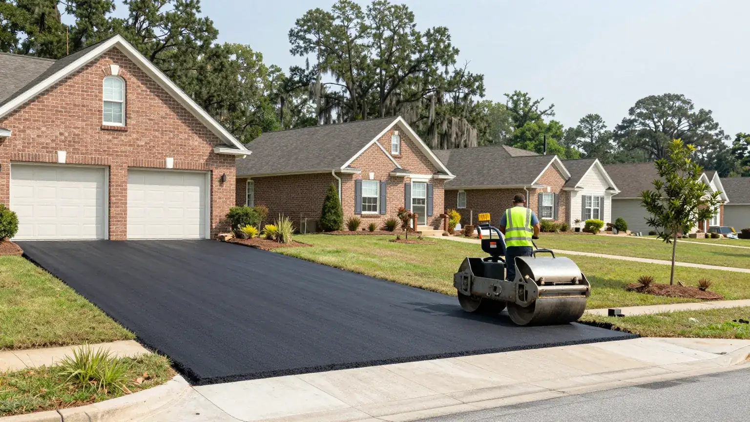Roller finishing a new asphalt driveway in a Denham Springs, LA subdivision