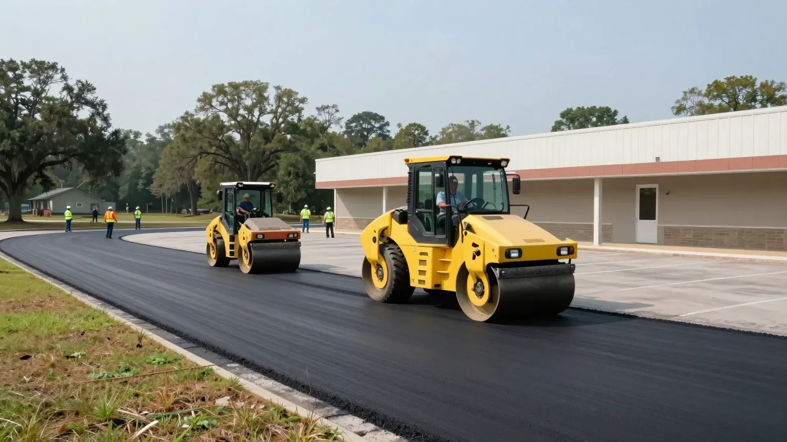 Rollers repaving a retail parking lot in Gonzales, LA