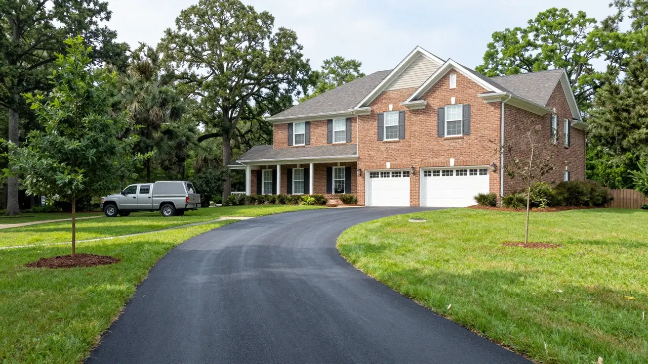 Long new asphalt driveway at a two-story brick home in Prairieville, LA
