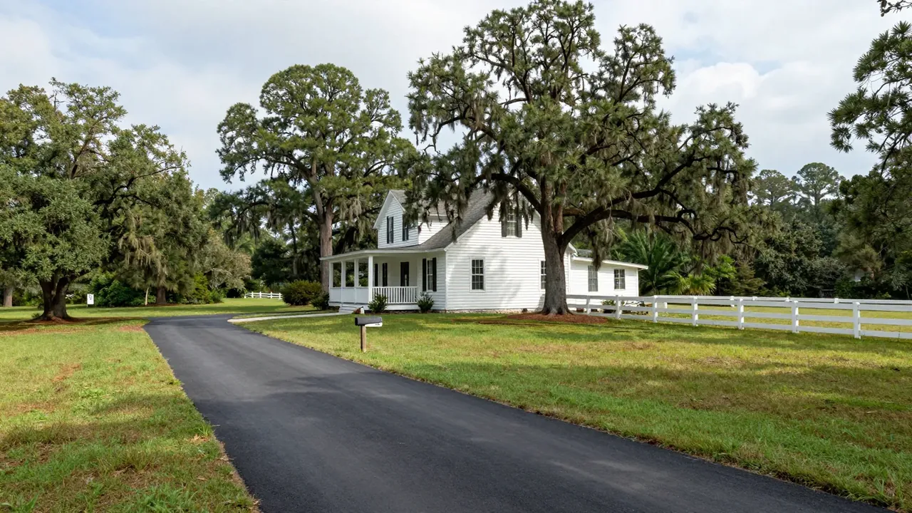New asphalt driveway to a farmhouse under pines in Zachary, LA