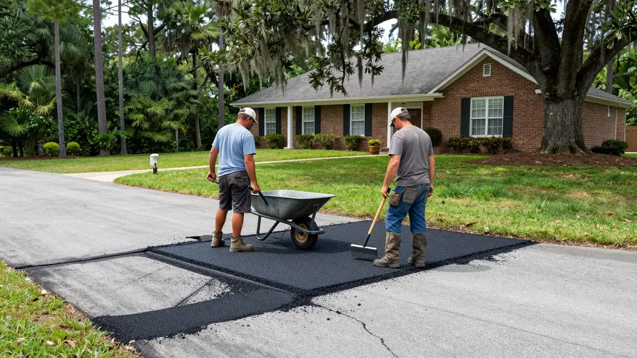 Crew patching a failed section of an asphalt driveway in Baton Rouge, LA