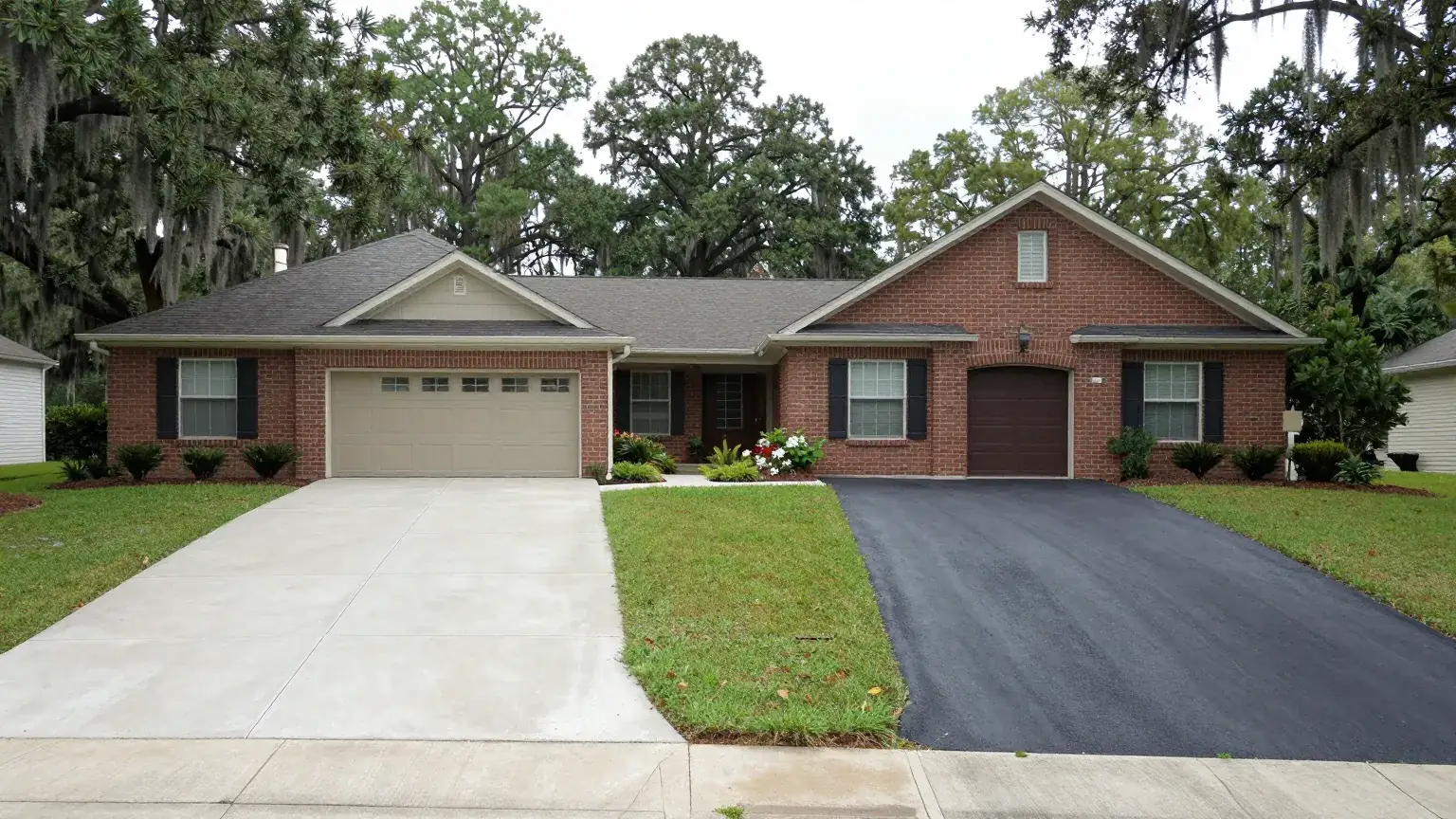 Concrete driveway beside an asphalt driveway at neighboring homes in Baton Rouge, LA