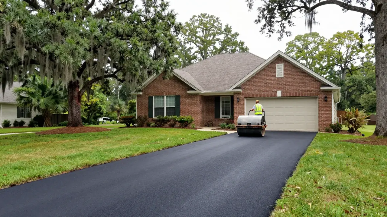 New asphalt driveway being rolled in front of a brick home in Baton Rouge, LA