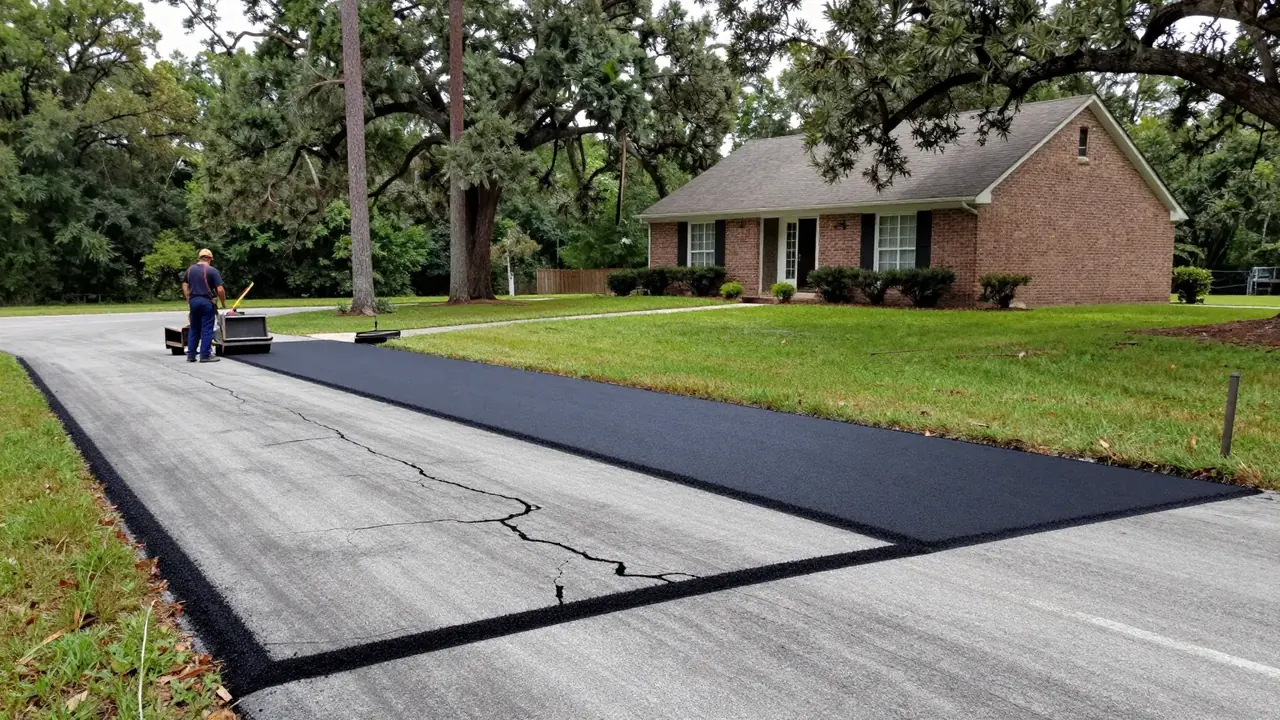 New asphalt overlay going over an old cracked driveway in Baton Rouge, LA