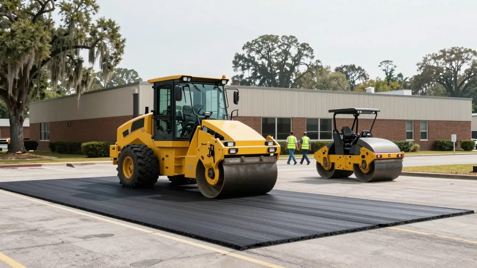 Rollers compacting a new asphalt lane in a Baton Rouge, LA parking lot