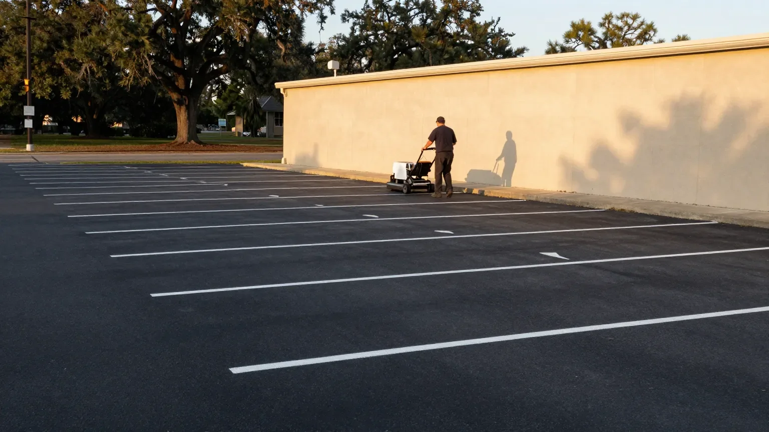 Line striping machine painting stall lines on a new parking lot in Baton Rouge, LA