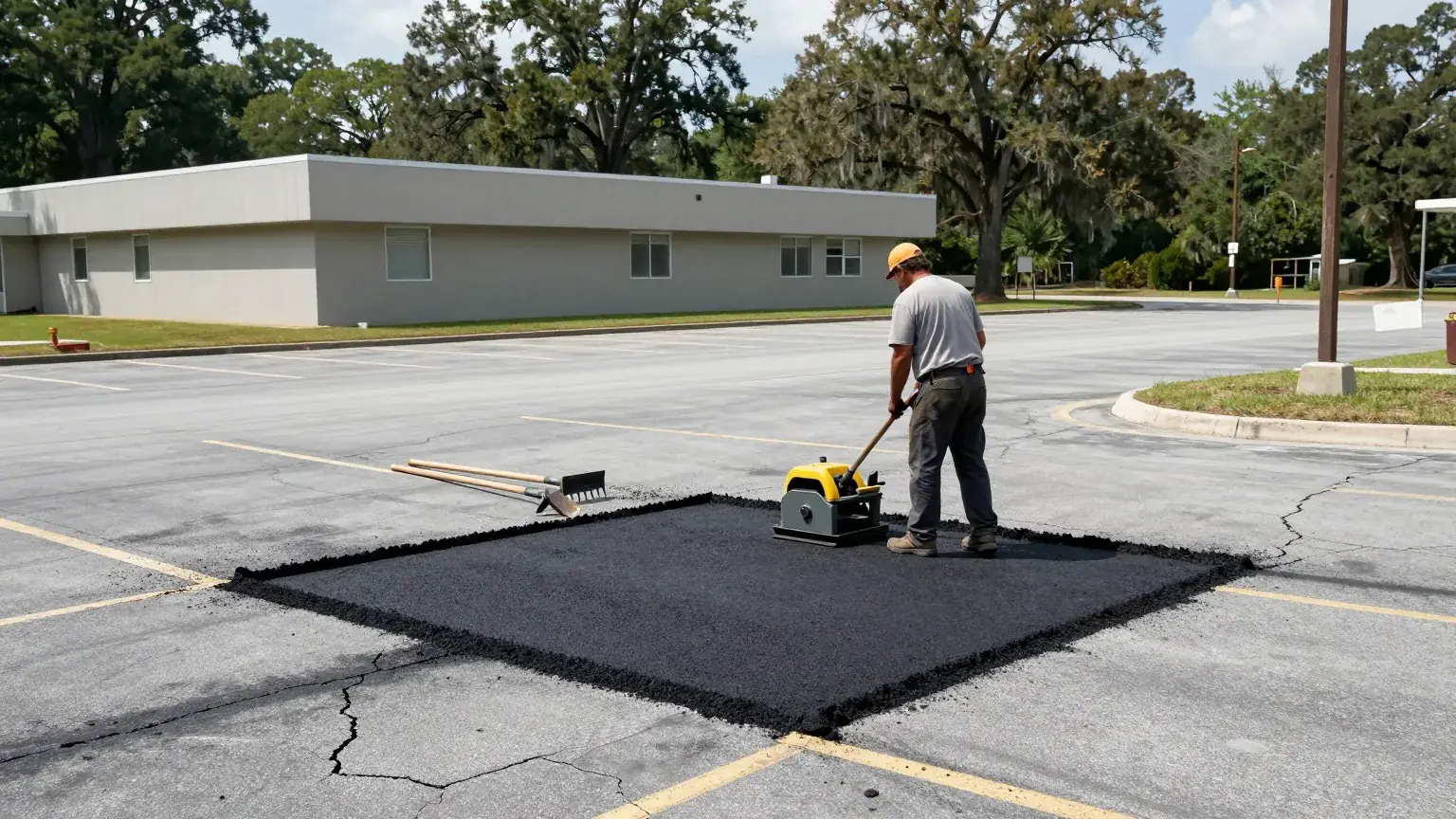 Plate compactor setting a pothole patch in a Baton Rouge, LA parking lot