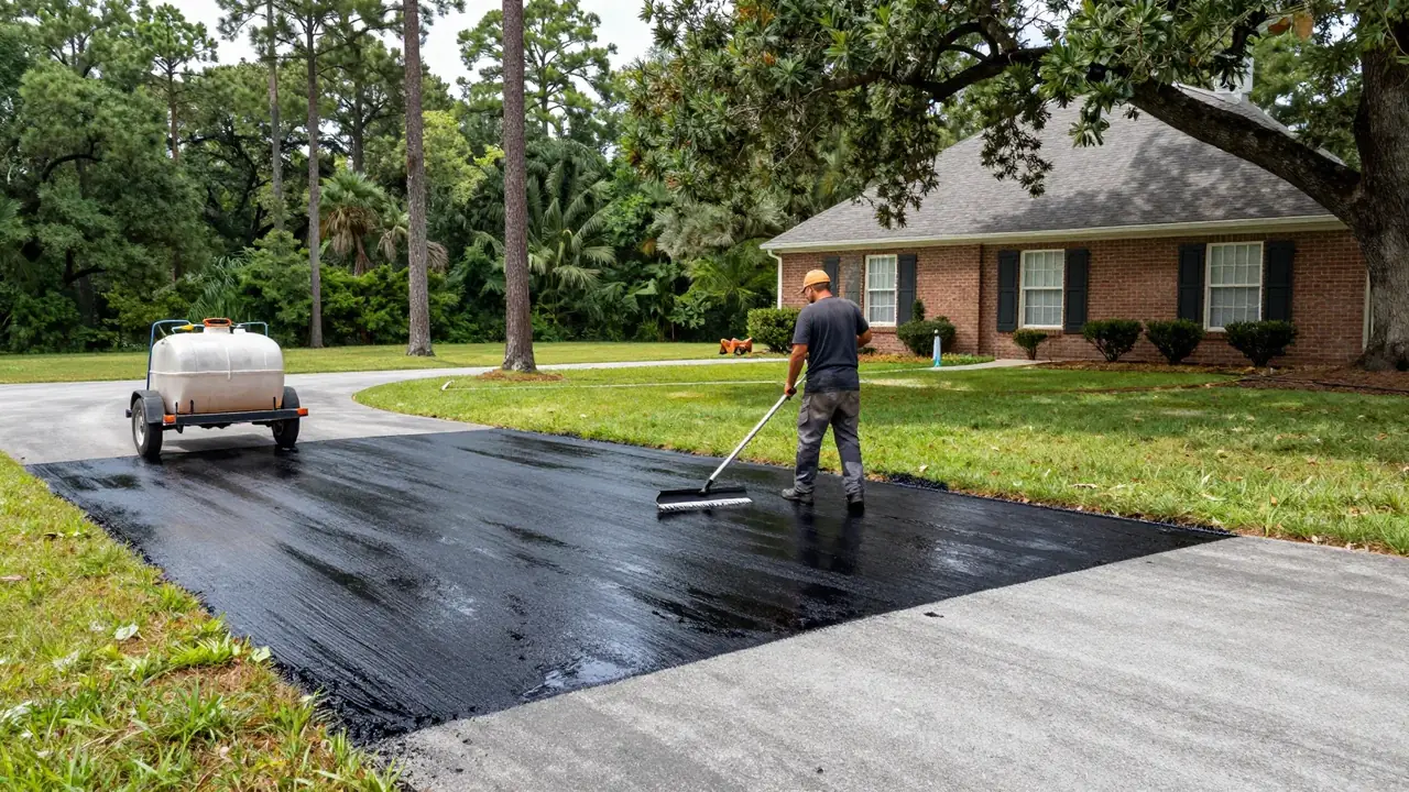 Sealcoating an asphalt driveway with a squeegee in Baton Rouge, LA