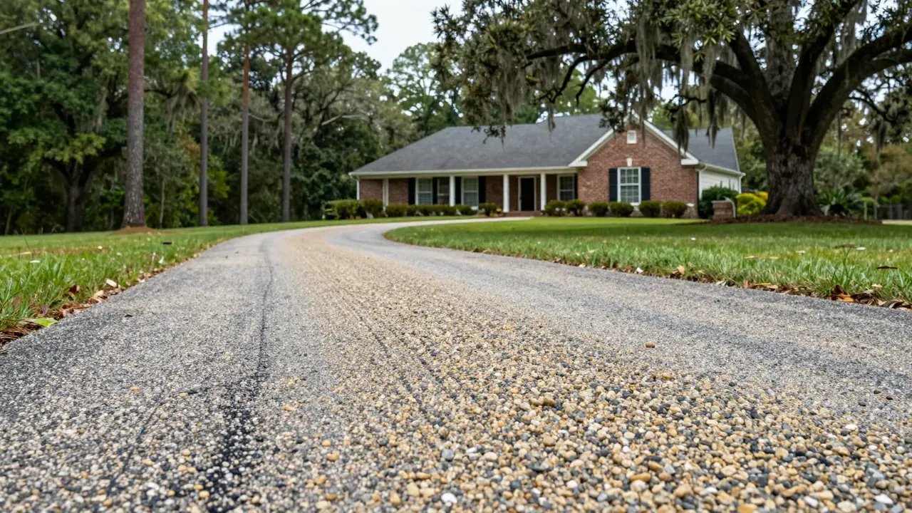 Close view of a tar and chip driveway surface at a home near Baton Rouge, LA